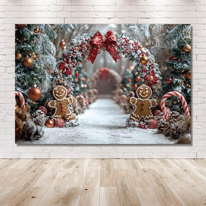 AIBIIN 7x5ft Winter Christmas Gingerbread Man Backdrop Snowy Christmas Tree Arch with Candy Canes and Red Bows Photo Background Holiday Winter Wonderland Birthday Party Baby Shower Vinyl Studio Prop - color: Gingerbread Man, size: 7x5ft