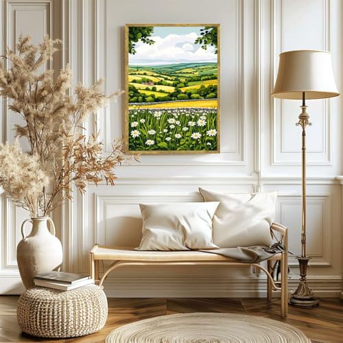Framed Countryside Landscape Poster Canvas Print Rustic Farmhouse Wall Art Painting Pictures Whimsical Home Decor Wall Decoration for Living Room Bedroom Apartment Wall Decor (24L x36W,Gold Framed) - size: 24L"x36W"