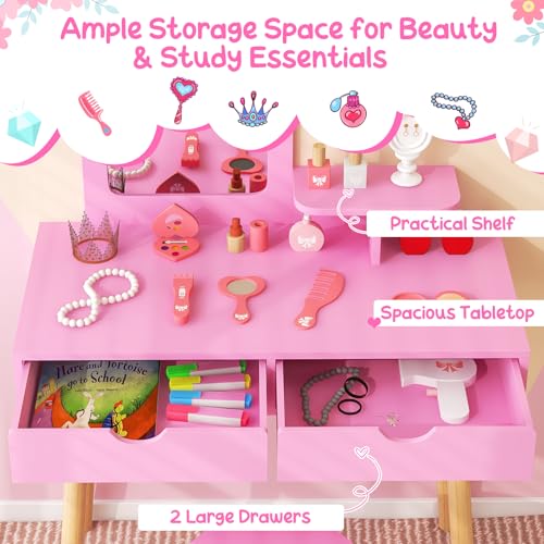 Costzon Kids Vanity Set, Girls Vanity Set with Mirror and Stool, 2 Large Drawers, Storage Shelf, Wooden Princess Makeup Dressing Table, Vanity Table and Chair Set for Toddlers (Pink) - style: Pink with Square Mirror