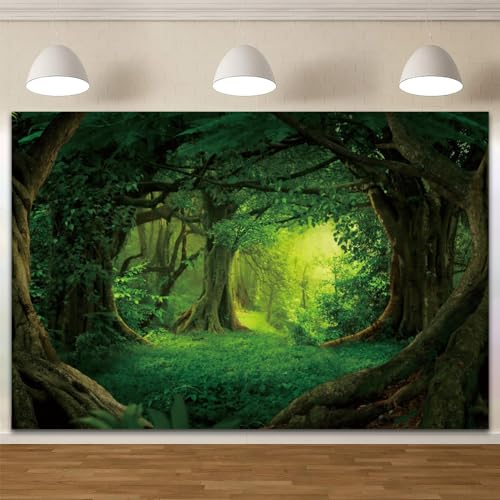 Jungle Forest Backdrop 7x5ft Old Trees Green Vine Dirt Road Fairytale Backdrops for Photography Vinyl Photo Background Birthday Party Decor Kids Baby Portraits Studio Props - color: Green Jungle Forest, size: 7x5ft