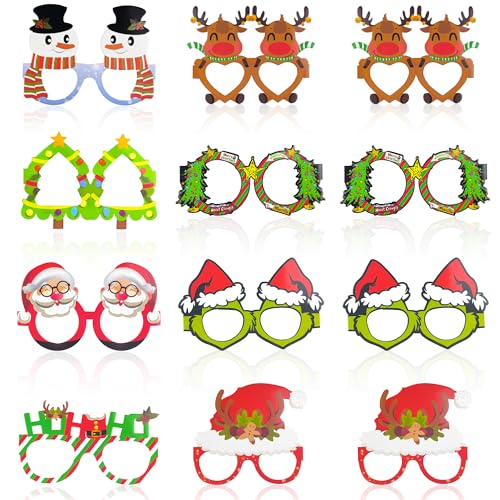 Christmas Party Decorations - 12 PCS Paper Eyeglasses | Christmas Accessories Shirts Outfits - Stocking Stuffers for Women | White Elephant Gifts for Adults - Xmas Games Crafts Party Favors for Kids - color: Green Red White