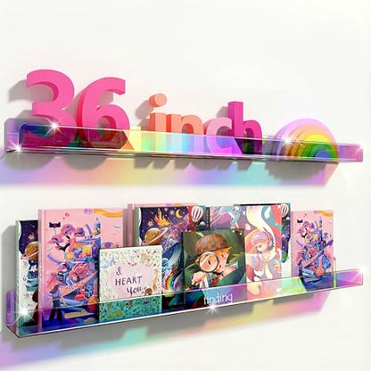 36 inches Iridescent Acrylic Floating Shelf,Wall Mounted Kids Bookshelf, Display Book Shelves for Kids Nursery Toddler Classroom 2 Packs - color: 36in-iridescent