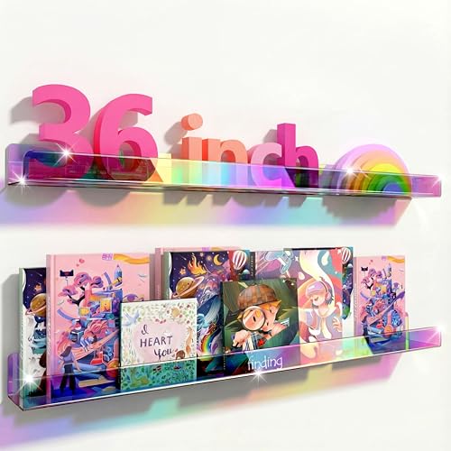 36 inches Iridescent Acrylic Floating Shelf,Wall Mounted Kids Bookshelf, Display Book Shelves for Kids Nursery Toddler Classroom 2 Packs - color: 36in-iridescent