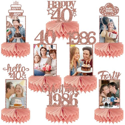 Guiruiy 8Pcs Happy 40th Birthday Decorations Honeycomb Centerpieces for Women, Pink Rose Gold Glitter Hello 1986 40 Birthday Photo Table Centerpieces Party Supplies, Pink Forty Bday Photo Table Topper - style: Rose Gold 40th