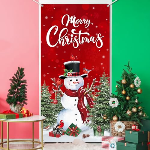 Irenare Christmas Front Door Cover Merry Christmas Door Decorations Red Snowman Xmas Tree Backdrop Banner Winter Holiday Background for Porch Wall Xmas Party Supplies, 70.9" X35.4" - style: Snowman