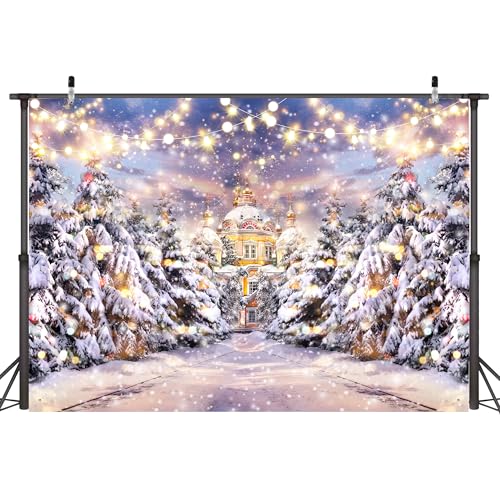 8x6 FT Snow Scene Christmas Pine Tree Shining Stars Photography Background Fuzzy House Winter Wonderland Forest Background for Family Festival Decorations Photo Studio Props - color: Golden-Castle, size: 8x6 FT