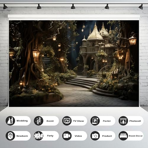 Night Fantasy Castle Backdrop Enchanted Forest with Magical Creatures and Plants Photography Background Mystical Garden Style Fantasy Landscape Backdrops Banner Party Photo Studio Props 5x4ft - color: Grey_Black, size: 5x4ft