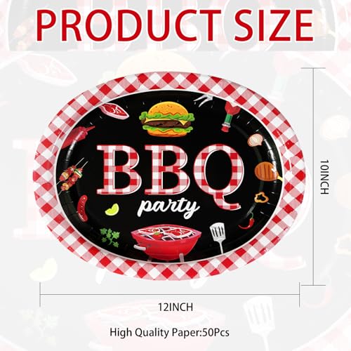 50 Pcs BBQ Party Supplies 10" × 12" Large Heavy Duty Red Gingham and Black BBQ Oval Paper Plates Disposable BBQ Birthday Party Plates for Summer Picnic Barbecue Baby Shower Birthday Party Decorations - style: 50Pcs Red Gingham BBQ Oval Plates