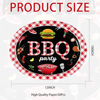 50 Pcs BBQ Party Supplies 10" × 12" Large Heavy Duty Red Gingham and Black BBQ Oval Paper Plates Disposable BBQ Birthday Party Plates for Summer Picnic Barbecue Baby Shower Birthday Party Decorations - style: 50Pcs Red Gingham BBQ Oval Plates