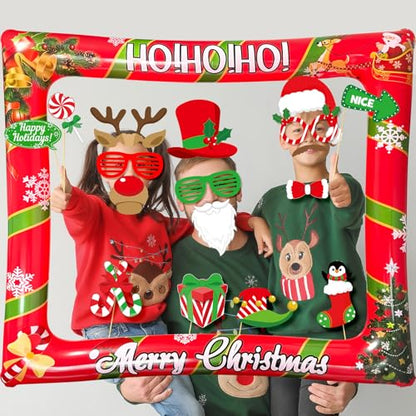 Christmas Photo Booth Props Inflatable Frame, 32Pcs Christmas Party Photo Booth Props with Inflatable Picture Frame Large for Xmas Holiday Party Selfie Supplies - color: Christmas