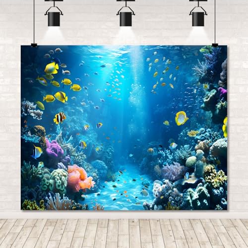 Under The Sea Backdrop 12x8ft Ocean Backdrop Underwater World Colorful Tropical Fish Coral Aquarium Deep Sea Sunlight Photography Background Birthday Under The Sea Party Decorations Photo Props - color: Blue2, size: 12x8ft