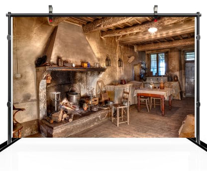 5x4ft Old Farmhouse Kitchen Backdrop Western Old Wooden House Kitchen Interior Rustic Background Rural Farmhouse Fireplace Cooking Background Farmers Cowboys Portrait Photo Props - size: 5x4ft