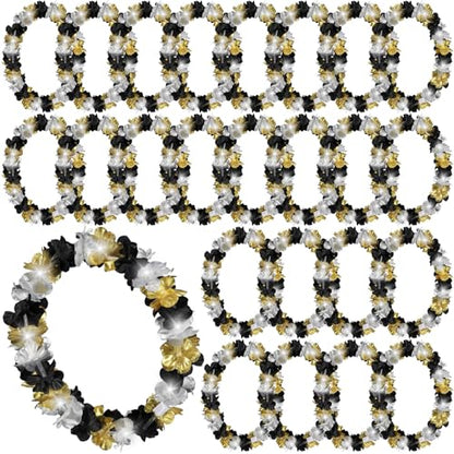 Sherr 24 Pcs Black Gold Silver LED Light Up Leis in Bulk, Hawaiian Leis Flower Necklaces for Graduation Party Favors, Prom, Adult Birthday and Masquerade Supplies - color: Black Gold Silver