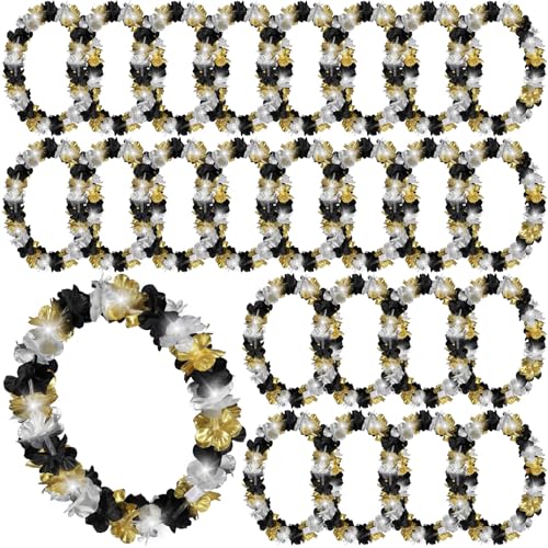 Sherr 24 Pcs Black Gold Silver LED Light Up Leis in Bulk, Hawaiian Leis Flower Necklaces for Graduation Party Favors, Prom, Adult Birthday and Masquerade Supplies - color: Black Gold Silver