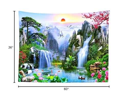 BELECO 5x3ft Fabric Fairyland Mountain Lake Photography Backdrop Waterfalls Swans Fish Flowers Dreamy Natural Landscape Painting Background Wall Murals Home Decor Kids Adults Portrait Photoshoot - size: 5x3FT