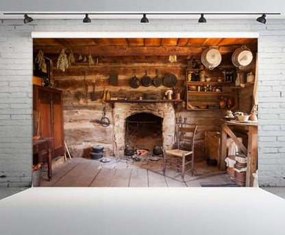 17x10ft Rustic Kitchen Backdrop Rustic Old Rural Farmhouse Interior Homestead Western Antique Inn Restaurant Room Fireplace Background Kids Adults Portrait Photo Studio Props - size: 17x10FT