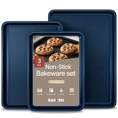 BAKKEN Kitchen Baking Pan - Small, Medium, and Large Cookie Sheet (13.58×9.65, 15.75×11, 17.91×12.60), Nonstick, Diamond Texture Bottom, PFOA, PFOS, PTFE Free, Oven Safe Tray (450°F), Pack of 3, Blue - color: Blue, size: Pack of 3
