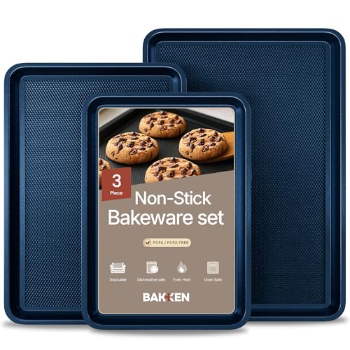 BAKKEN Kitchen Baking Pan - Small, Medium, and Large Cookie Sheet (13.58×9.65, 15.75×11, 17.91×12.60), Nonstick, Diamond Texture Bottom, PFOA, PFOS, PTFE Free, Oven Safe Tray (450°F), Pack of 3, Blue - color: Blue, size: Pack of 3