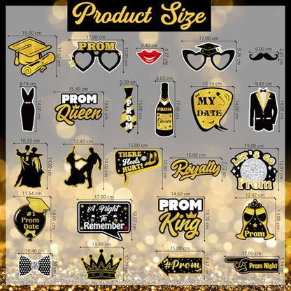 24 Pcs Prom Photo Booth Props Kit - Funny Prom Dance Party Photo Booth Props for High School or College Graduation Party Decorations Supplies Favors, Black Gold Selfie Props