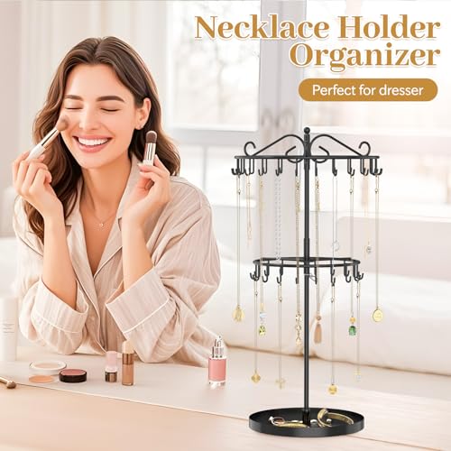 MODOWEY Rotating Necklace Holder Organizer Display Stand with 42 Hooks, 2 Tier Adjustable Metal Necklace Tree Rack with Jewelry Tray for Men Women, Tall Bracelet Storage Hanger for Selling, Black - color: Jet Black, size: 2 Tier