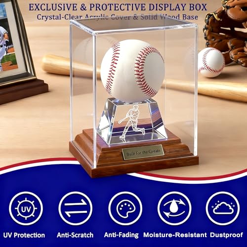 Baseball Display Case, Baseball Display Stand with LED Lights , Wooden Stand and a Bronze Medal,Cube Baseball Holder Display case, Acrylic Clear Ball Protector for Memorabilia Baseball Gifts