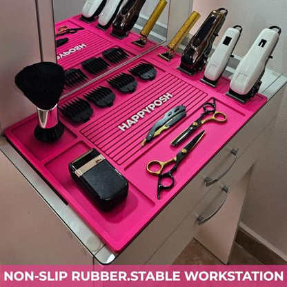 Magnetic Barber Mat, Magnetic Barber Mats For Clippers and Supplies, Barbershop Pad for Station, Beauty Salon Table Matt, Barbering Tool Organizer for Pro Hairstylist, Pink