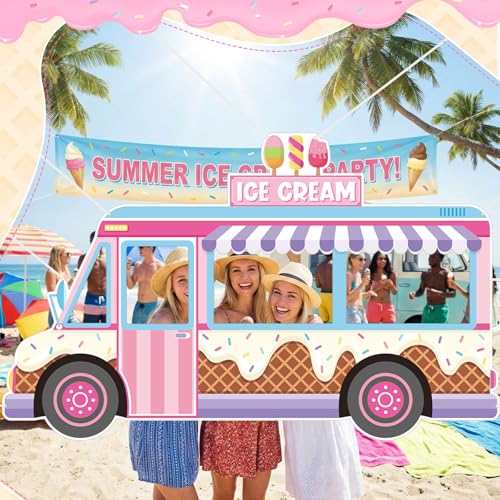 Haull Ice Cream Birthday Truck Photo Prop Ice Cream Frame Decoration Large Fabric Backdrop Banner Carnival Themed Photo Booth Prop Background for Summer Holiday Baby Shower Birthday Party - style: Ice Cream