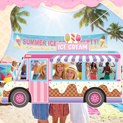 Haull Ice Cream Birthday Truck Photo Prop Ice Cream Frame Decoration Large Fabric Backdrop Banner Carnival Themed Photo Booth Prop Background for Summer Holiday Baby Shower Birthday Party - style: Ice Cream