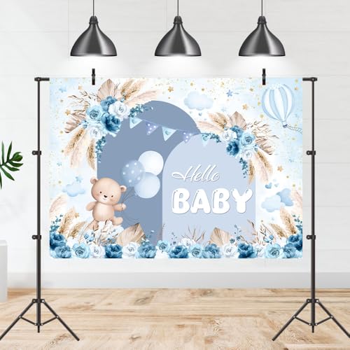 Boho Baby Shower Backdrop 7x5ft Blue Floral Hello Baby Boys Photography Background Bear Theme Bohemian Party Decorations Banner Photo Booth Props - color: Blue