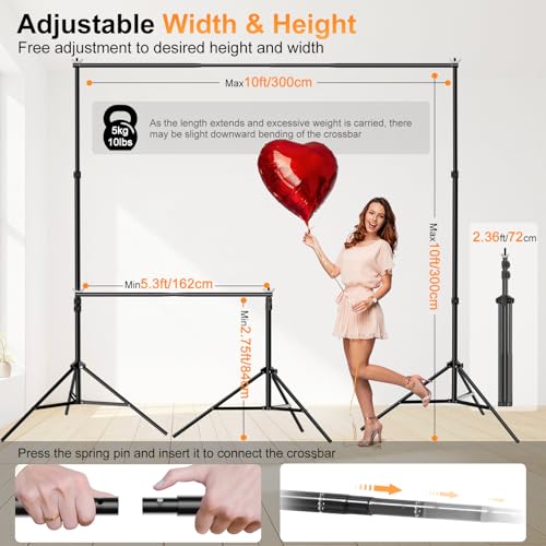 Backdrop Stand, Photo Video Studio 10 x 10FT Adjustable Backdrop Stand, Background Support System Kit with 2 Crossbars, 6 Clamps, 2 Sandbags and Carry Bag for Photography Parties Wedding - size: 10×10ft