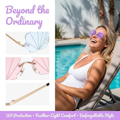 Angoily 3PCS Rimless Seashell Sunglasses, UV Protection Fun Glasses for Themed Events Lightweight Comfortable Eyewear Hawaiian Summer Photo Props Beach Party Eyewear for Women Mermaid Accessories