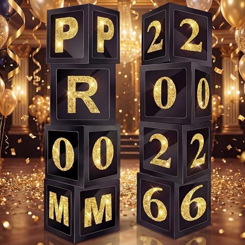 Sinmoe 8 Pcs Prom Decorations for Party 2026 Prom Column Standup 12 Inches PVC Sparkle Balloons Boxes Set Graduation Senior Night Decorations for 2026 Masquerade Graduation Photo Booth(Black Gold) - color: Black Gold