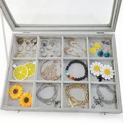 Removable 12 Grids Bracelet Organizer Box Ice Velvet Clear Lid Bangle Jewelry Tray Display Case Grey - color: 12 Grids