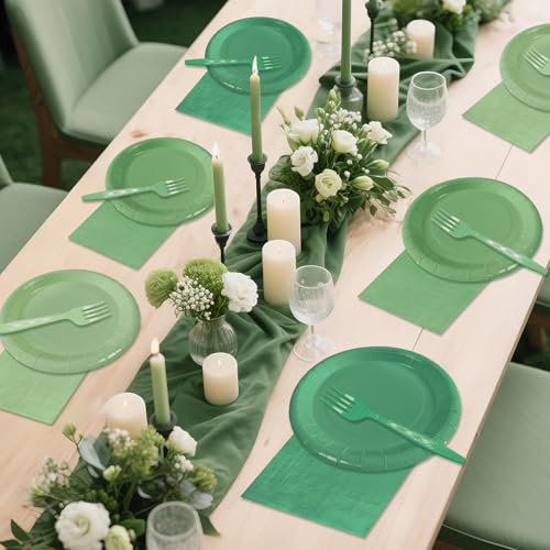 Serves 35 Guests Gradient Sage Green Plates and Napkins Party Supplies,7" Gradient Sage Green Birthday Dessert Paper Plates and Napkins,Disposable Party Dinnerware for Wedding,Graduation - color: Gradient Sage Green