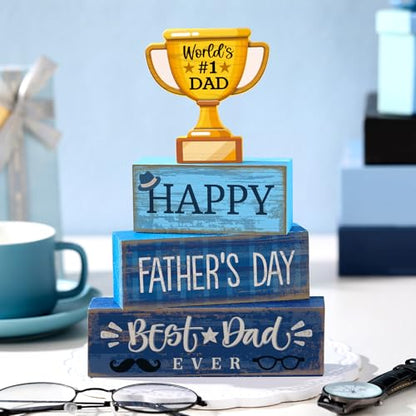 Yuntau 4 Pcs Father's Day Decorations Happy Father's Wooden Tabletop Tiered Tray Decor Rustic Best Dad Ever Trophy Block Table Sign Centerpiece for Farmhouse Shelf Office Birthday Party Gift - style: Father's Day