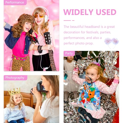 Beavorty Foil Strips Headband with Pom Pom Fluffy Balls - Tinsel Head Bopper Cosplay Hair Accessory - color: Purple