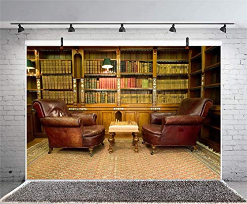 AOFOTO 10x6.5ft Vintage Luxury Study Bookshelf Backdrop Photography Home Office Two Sofa Business Conversation Room Bookcase Retro Style Shelves Bookrack Background for Videos YouTube Photos Prop - size: 10x6.5ft