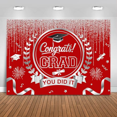 Graduation Backdrop Congrats Grad You Did It Party Decorations Background Congratulations Graduate Class of 2026 Banner Photo Booth Props (Red and Silver, 7x5ft) - color: Red and Silver