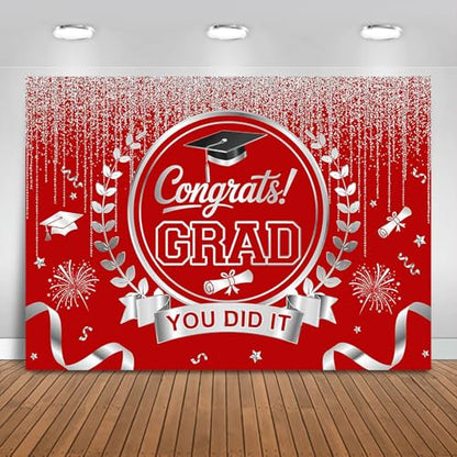 Graduation Backdrop Congrats Grad You Did It Party Decorations Background Congratulations Graduate Class of 2026 Banner Photo Booth Props (Red and Silver, 7x5ft) - color: Red and Silver
