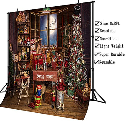 Christmas Santa's Toy Shop Photography Backdrop for Party Christmas Tree Gift Snow Window Wood Shed Store Background Family Portrait Seamless Vinyl Photo Props Banner Supplies PGT660D 8x8ft - size: 8'X8'