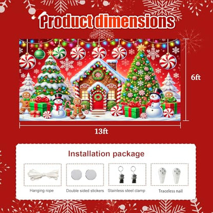 HOMETITUTE Christmas Garage Door Banner Gingerbread House 13x6ft Festive Backdrop Candy Canes Snowmen Photo Prop Background for Sweet Holiday Outdoor Display Festive Party Supplies