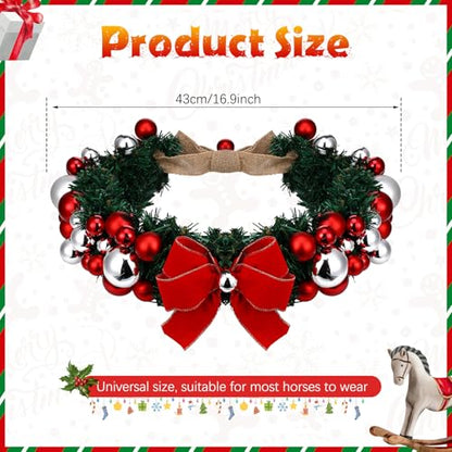 Dingion Christmas Wreath Horse Christmas Horses Neck Garland 16.9 Inches Artificial Outdoor Garland Horse Costume Rustic Farmhouse Decor for Xmas Holiday Party Parades Supplies(Xmas Bow Style) - style: Xmas Bow Style