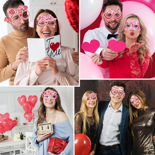 8 Pcs Happy Valentine's Day Party Eyeglasses Photo Props Heart Diamond Lips Roses Paper Glasses Photo Prop Pink Valentine's Day Engagement Wedding Anniversary Party Favors Supplies Decorations