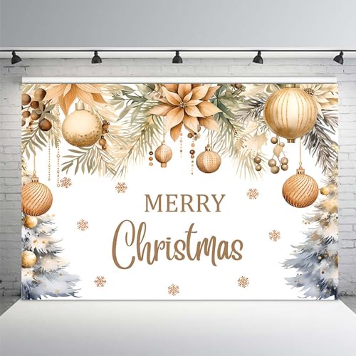 MEHOFOND Merry Christmas Backdrop Christmas Party Decorations Banner Xmas Gold Glitter Xmas Balls Snowflake Photography Background Winter New Year Eve Festival Party Supplies Photo Booth Props 7x5ft