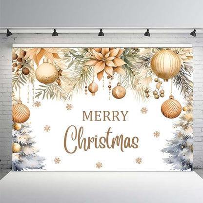 MEHOFOND Merry Christmas Backdrop Christmas Party Decorations Banner Xmas Gold Glitter Xmas Balls Snowflake Photography Background Winter New Year Eve Festival Party Supplies Photo Booth Props 7x5ft