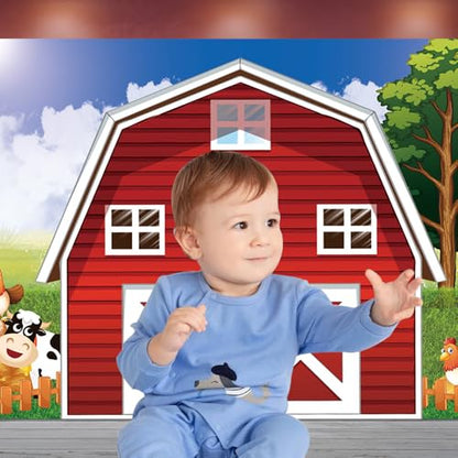 Cartoon Farm Photography Backdrop 8x6ft Animals Rustic Farmhouse Red Barn Photo Background for Kids Birthday Party Decoration Barnyard Baby Shower Newborn Photobooth Banner - size: 8x6 FT