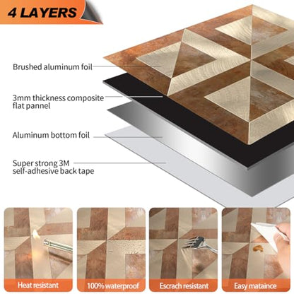 10-Sheets Stunning 3D Visuals Peel and Stick Backsplash Wall Tiles, PVC Mixed Metallic Look,Heat Resistant Stick on Tiles for Kitchen Wall, Bathroom, Laundry Room(Retro Brown + Light Gold) - color: Retro Brown + Light Gold