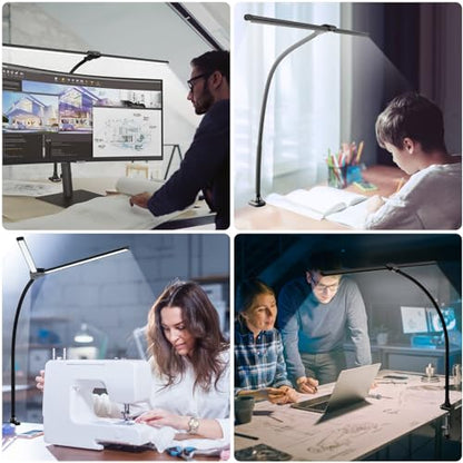 ShineTech LED Desk Lamp for Home Office, 5000K Bright Double Head Architect Task Lamps with Clamp, Dimmable Adjustable Flexible, Black - color: 5000K- Daylight White