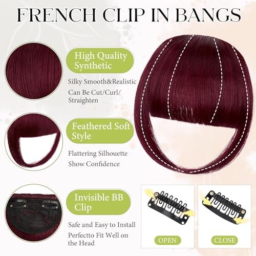 Bangs Hair Clip in Bangs, French Wine Red Fake Bangs Hair Clip on Bangs for Women Fringe with Temples Hairpieces Faux Bangs for Daily Wear - color: Wine Red
