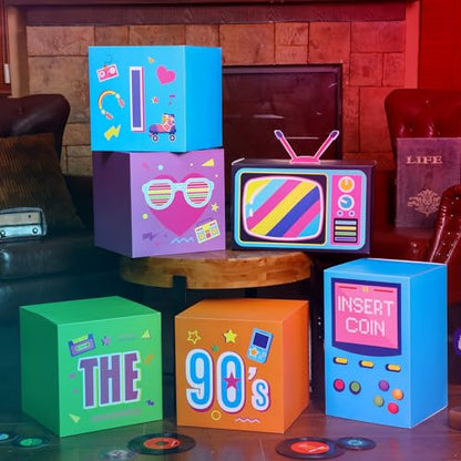 Amyhill 6 Pcs Large 90s Party Decorations Hip Hop Favor Set Paper Party Boxes Novelty Disco Theme Decoration for Retro 1980s 1990s Theme Birthday Neon Disco Music Supplies - style: 90s